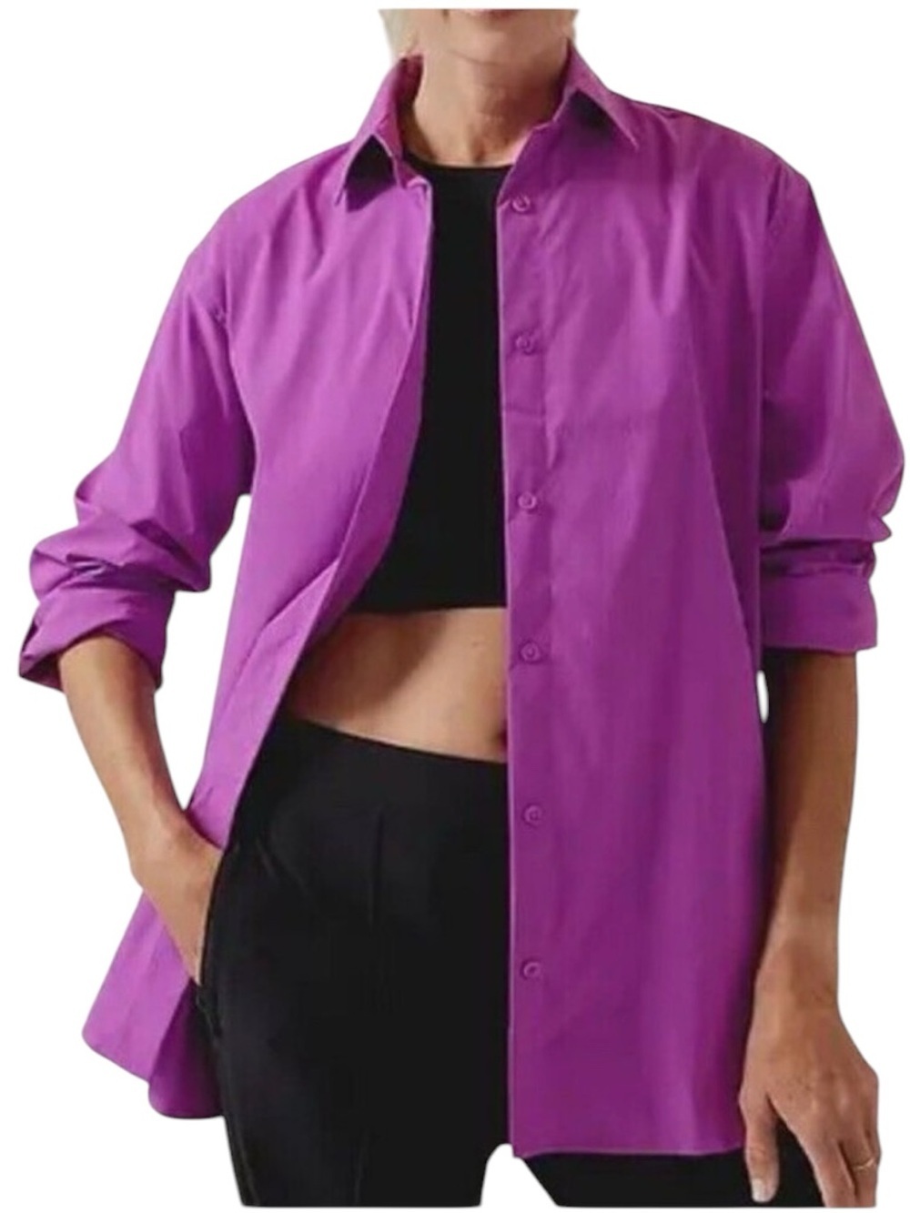 Athleta Bright Purple Oversized Performance Poplin Button Front Collared Top